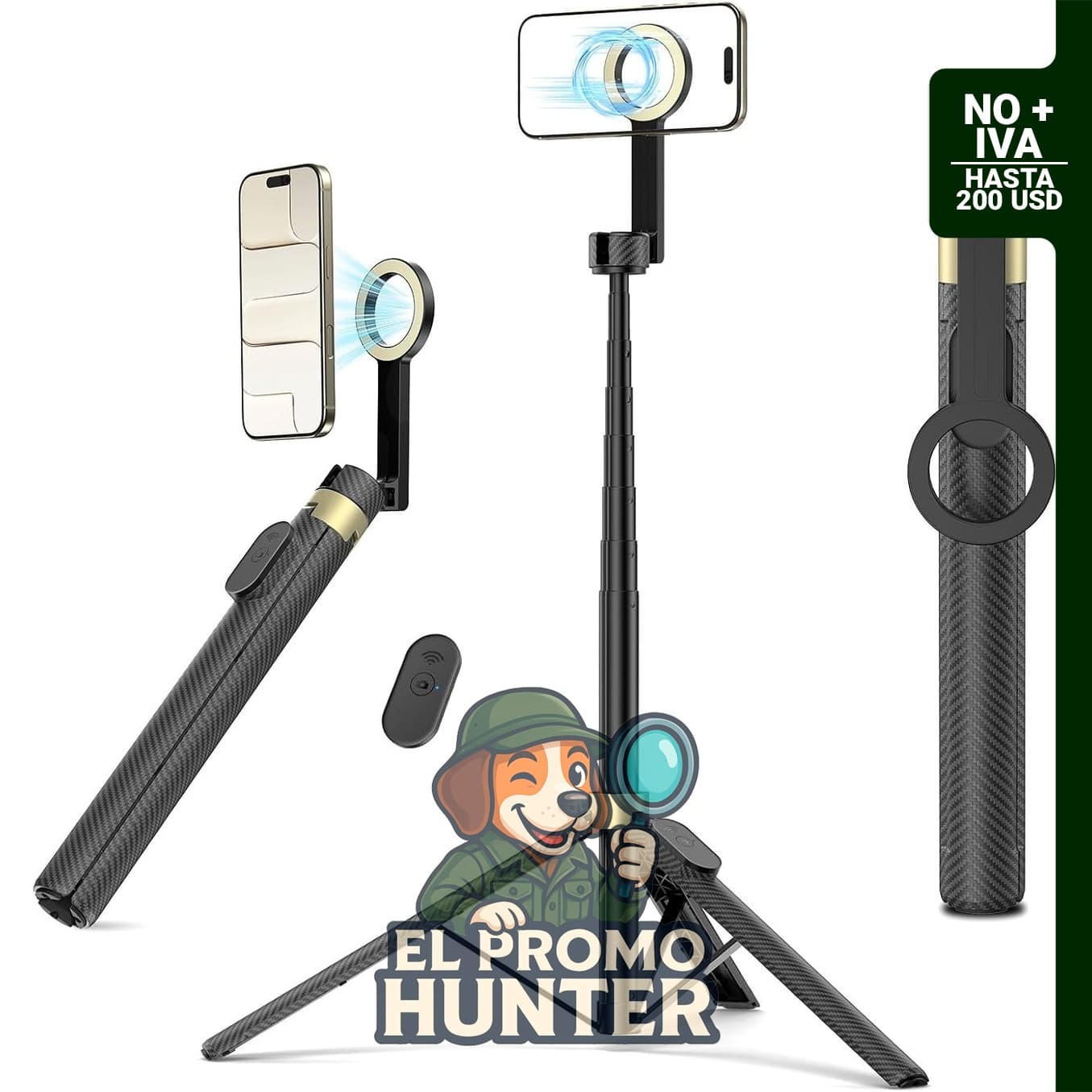 Trípode magnético portátil de 65" (165 cm) para teléfonos, compatible con iPhone y Android, incluye control remoto.