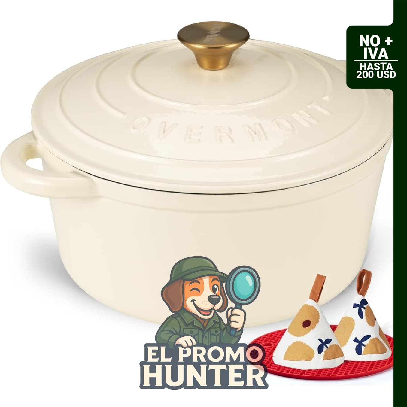 Horno holandés de hierro fundido esmaltado de 4.5 QT con tapa, libro de cocina y agarraderas de algodón.