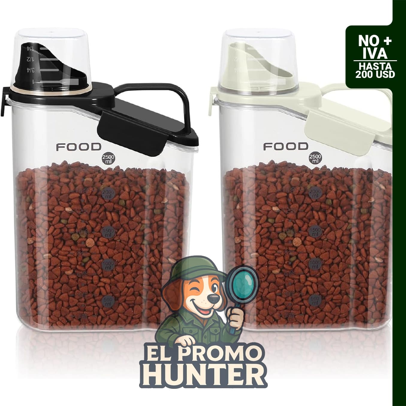 Contenedores herméticos de 3 L para alimento para mascotas, incluye tapa con medidor y 4 hebillas de presión.
