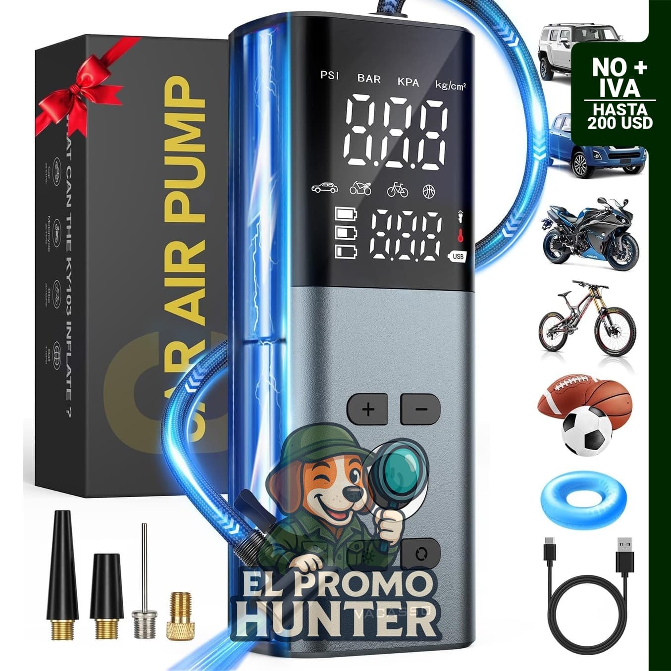 Compresor de aire portátil de 150 PSI para inflar neumáticos de carro, motocicleta y balones.