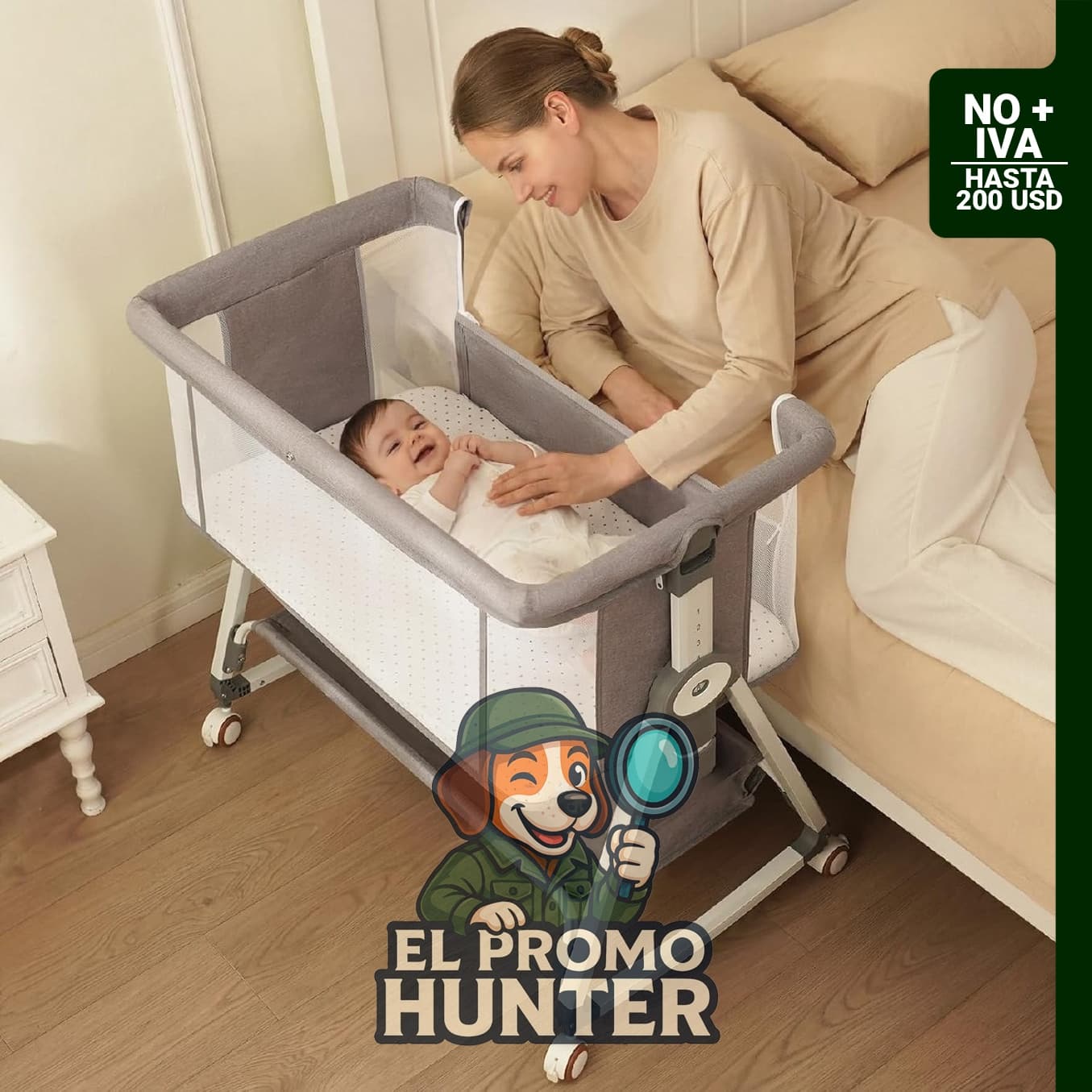 Cuna de bebé para recién nacidos con cesta de almacenamiento, malla transpirable y colchón, altura ajustable de 6 niveles.