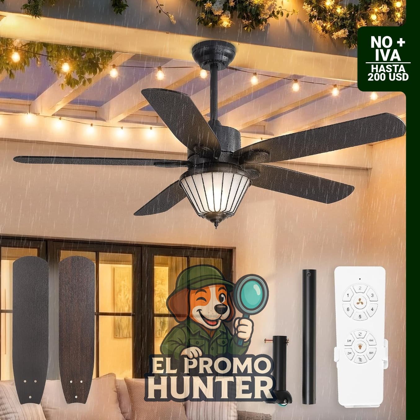 Ventilador de techo exterior de 52" con luces, impermeable IP65, control remoto, 6 velocidades, motor DC reversible, 5 aspas de doble acabado.