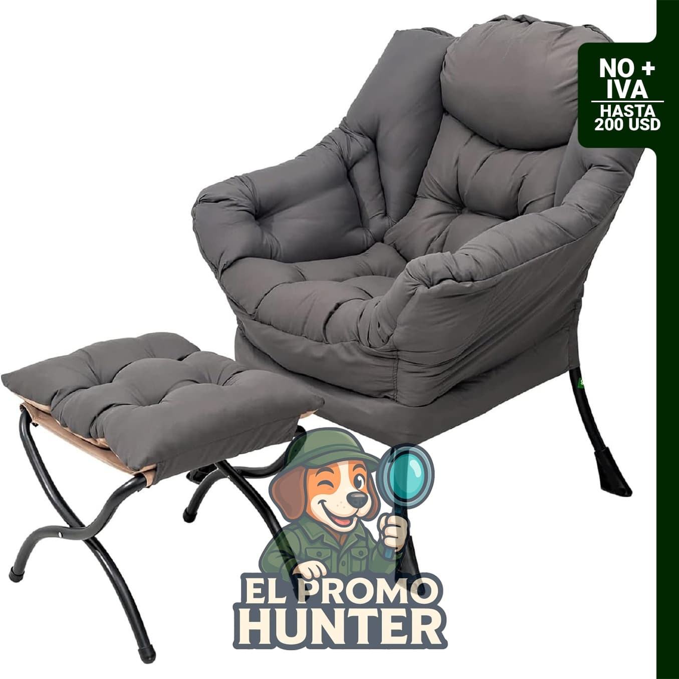 Silla perezosa Welnow con otomana, tapizada en gris oscuro, incluye reposabrazos y bolsillo lateral.