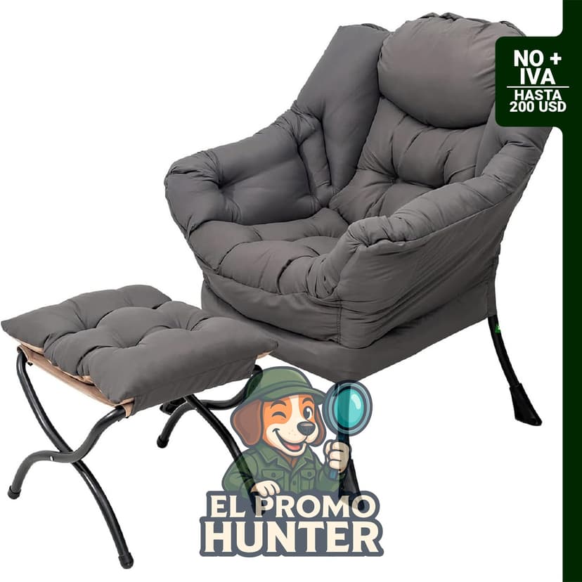 Silla perezosa Welnow con otomana, tapizada en gris oscuro, incluye reposabrazos y bolsillo lateral.