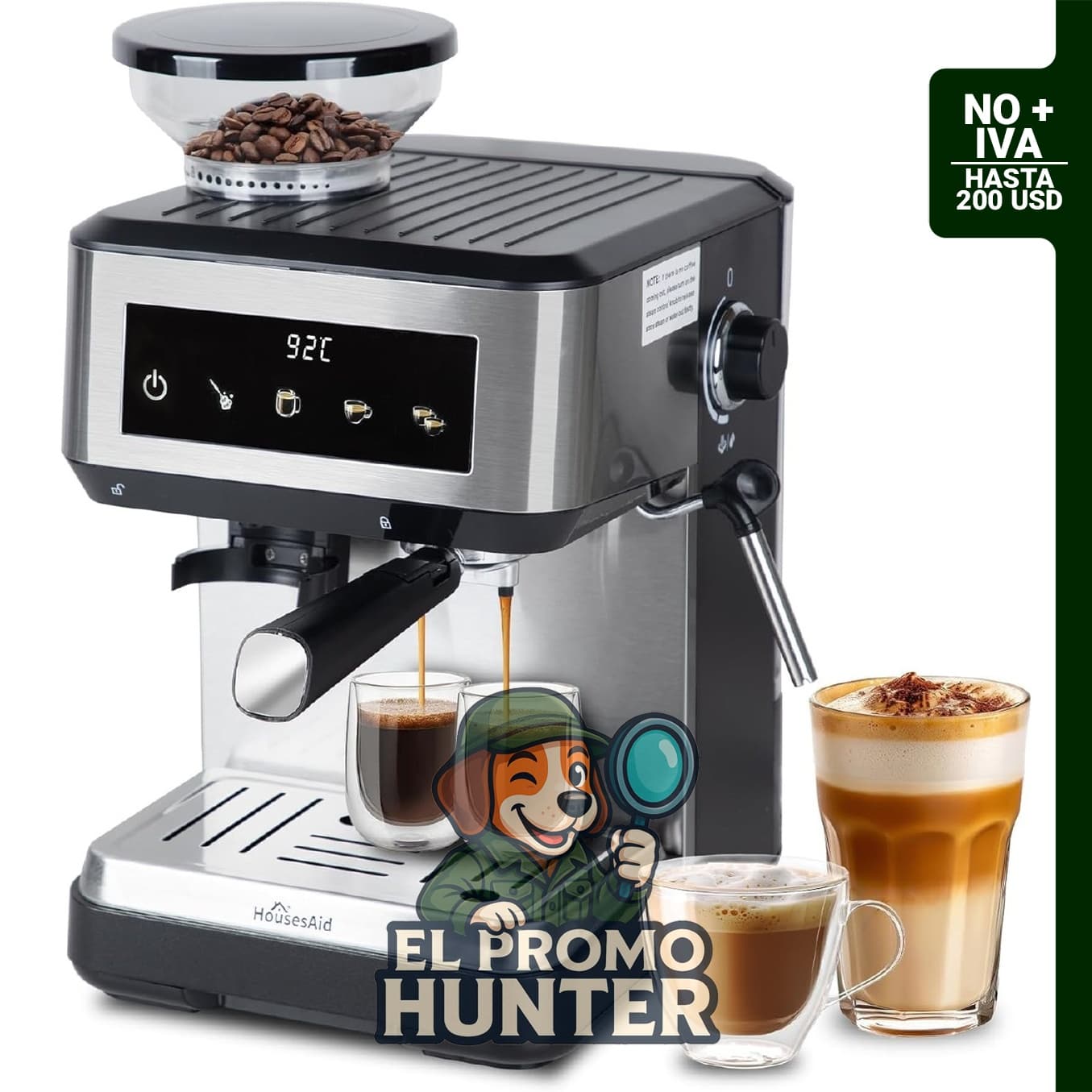 Máquina de café espresso de 20 bar con molinillo y espumador de leche, tanque de agua extraíble.