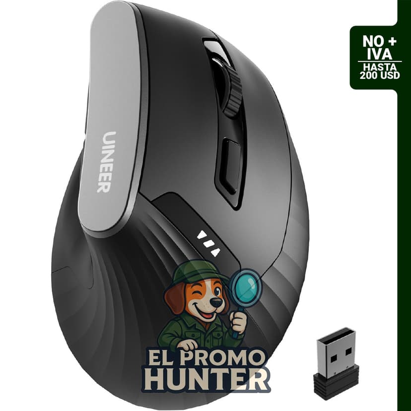 Ratón vertical inalámbrico Uineer de 2.4 GHz, diseño ergonómico, batería recargable y nivel de batería visible.