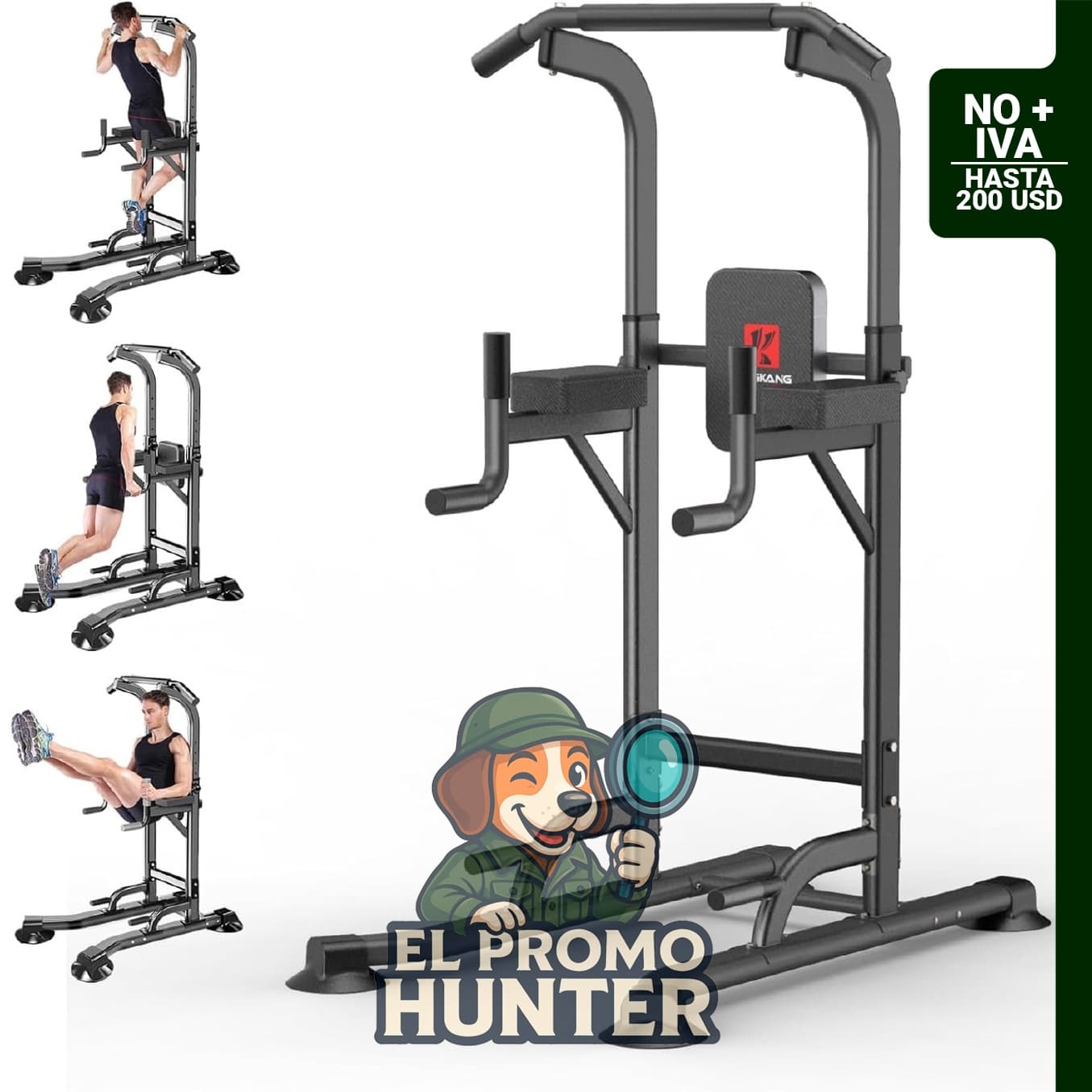 Estación de dominadas y dips ajustable para entrenamiento de fuerza en casa.