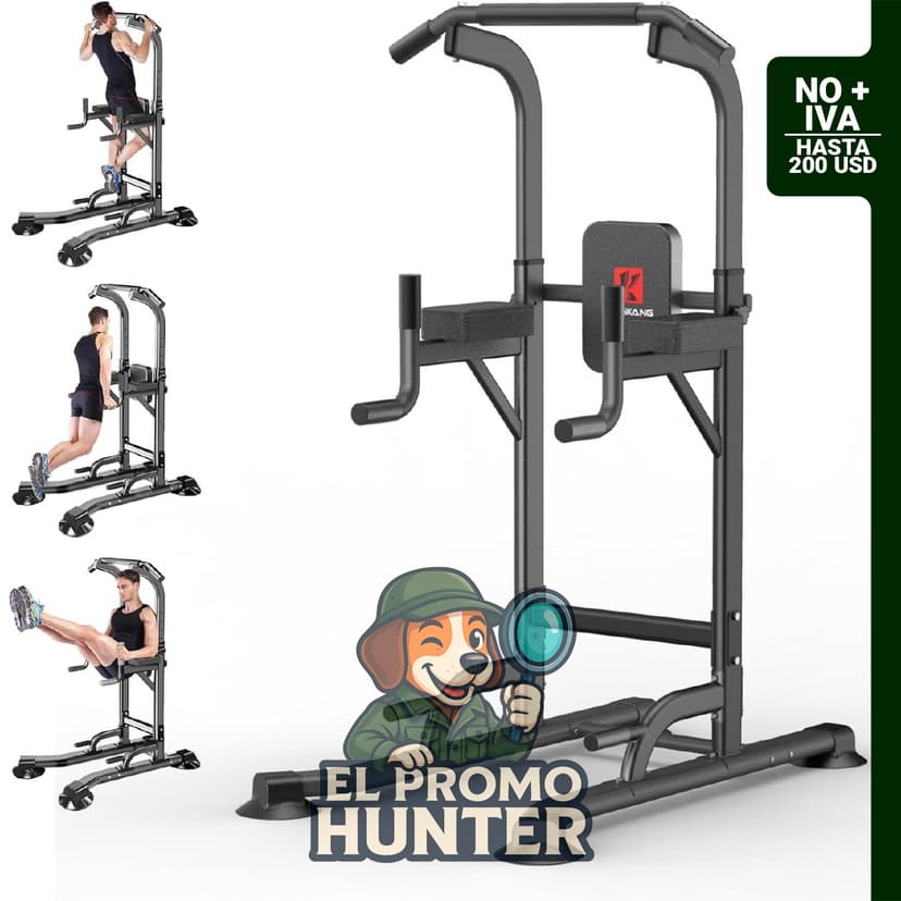 Estación de dominadas y dips ajustable para entrenamiento de fuerza en casa.