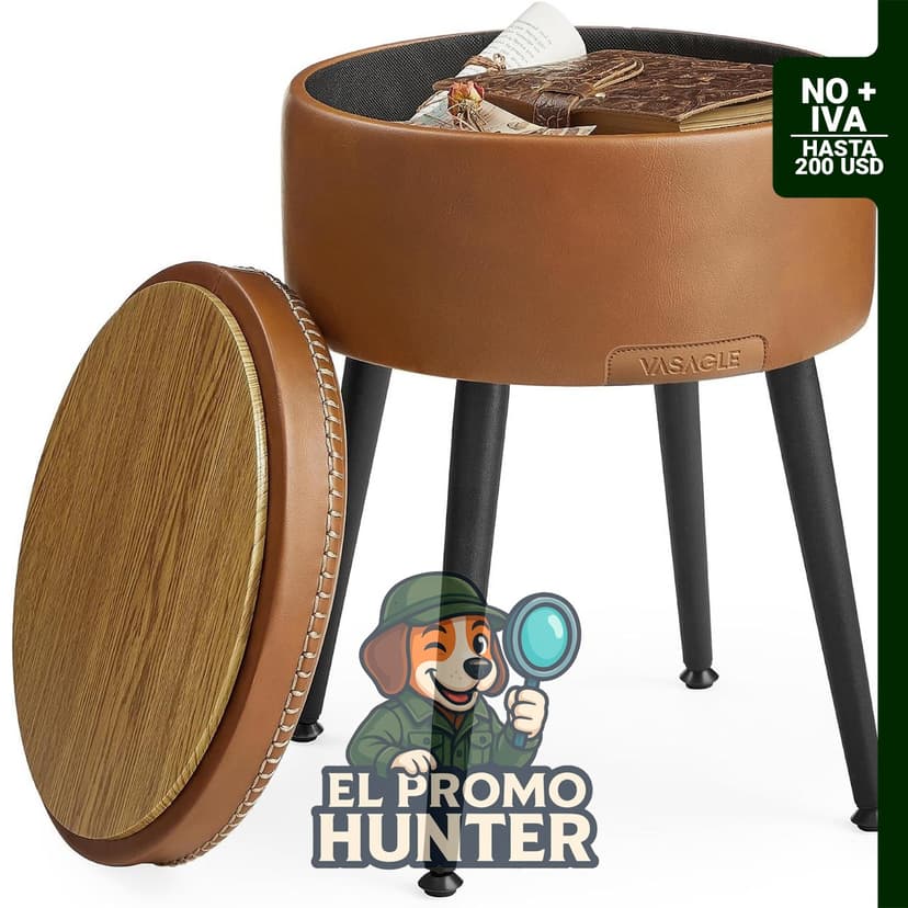 Otomana de almacenamiento redonda con cuero sintético y patas de acero.
