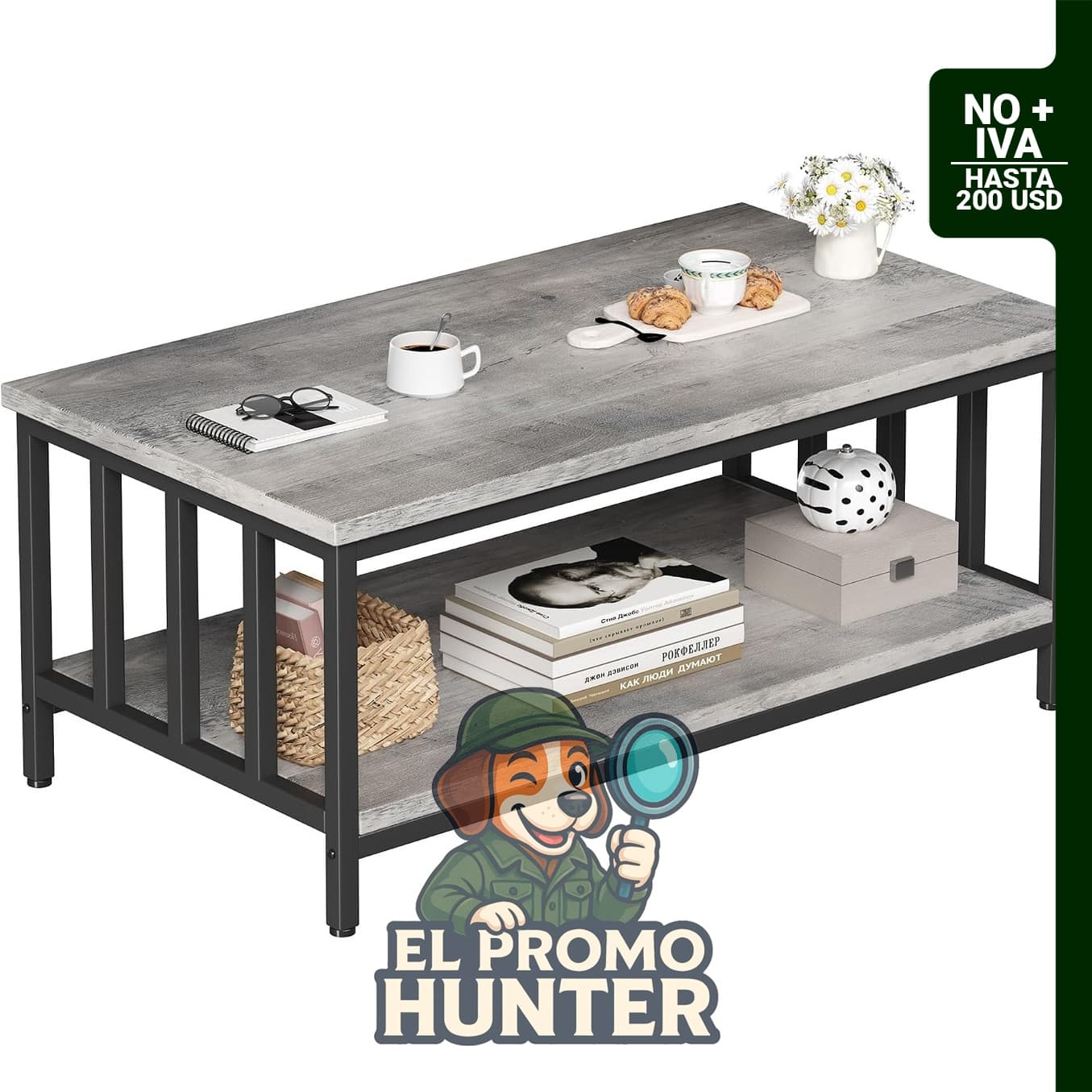 Mesa de café Homeiju de 39" (99 cm) con marco lateral a lamas y estante de almacenamiento de 2 niveles.