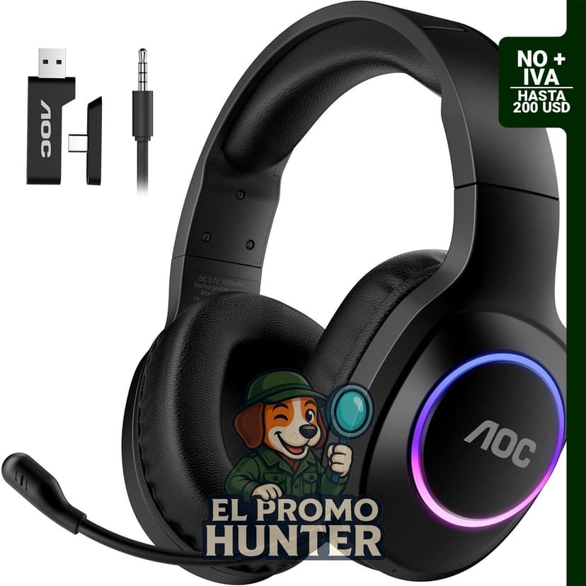 Auriculares inalámbricos AOC para juegos, compatibles con PS5, PS4, Nintendo Switch y PC. Bluetooth 5.4 y 2.4GHz, micrófono con cancelación de ruido.