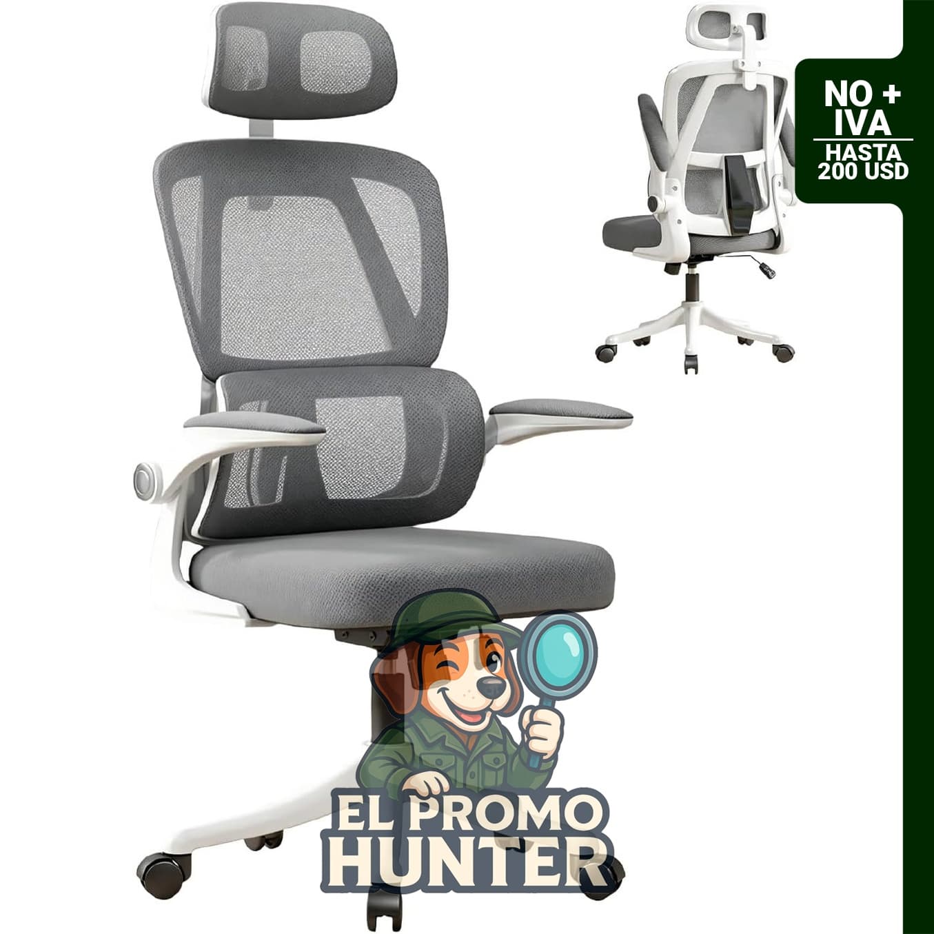 Silla de oficina ergonómica VIDITA con soporte lumbar dinámico, respaldo alto y reposacabezas ajustable.