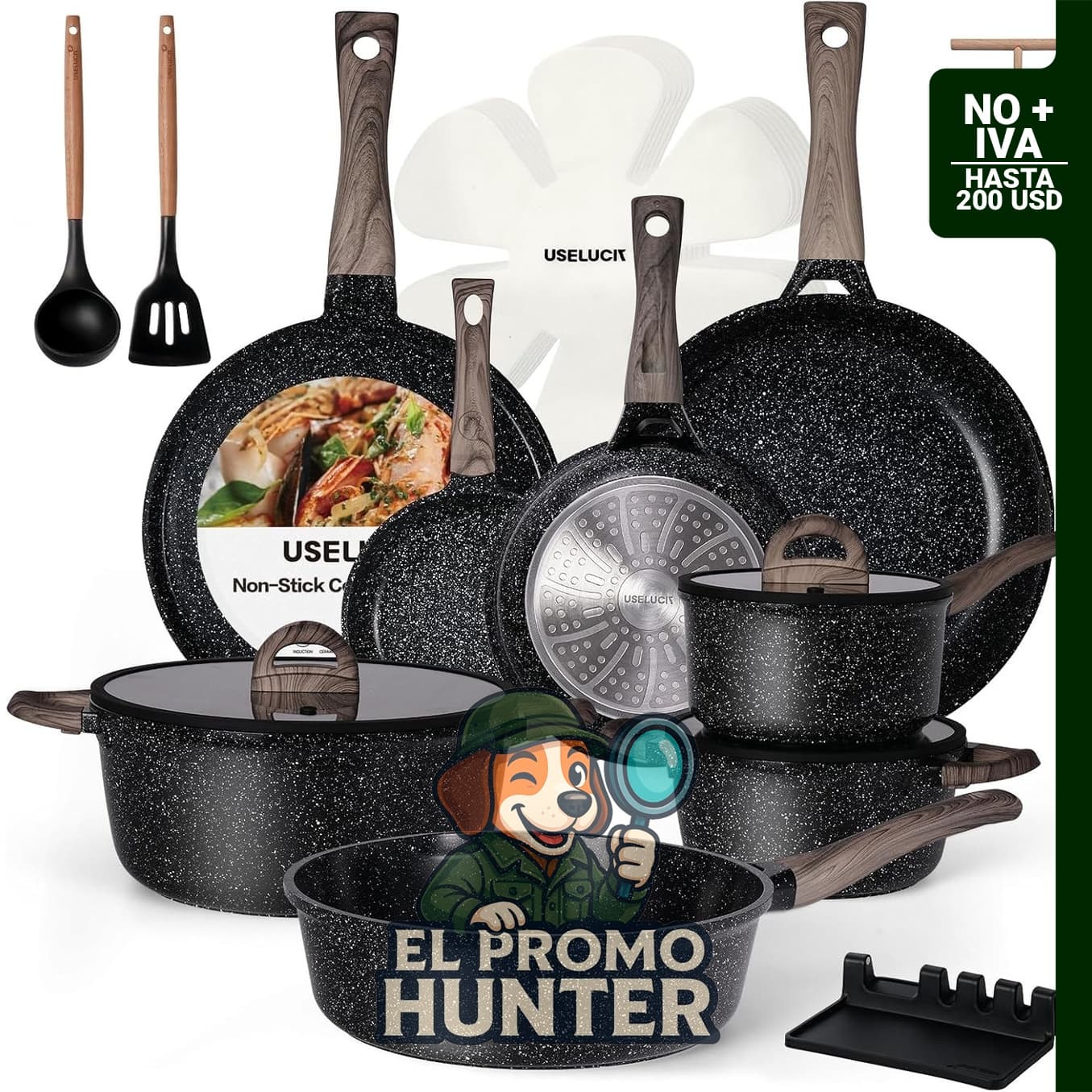 Juego de ollas y sartenes antiadherentes de cerámica, 22 piezas, compatible con inducción y tapas de vidrio.