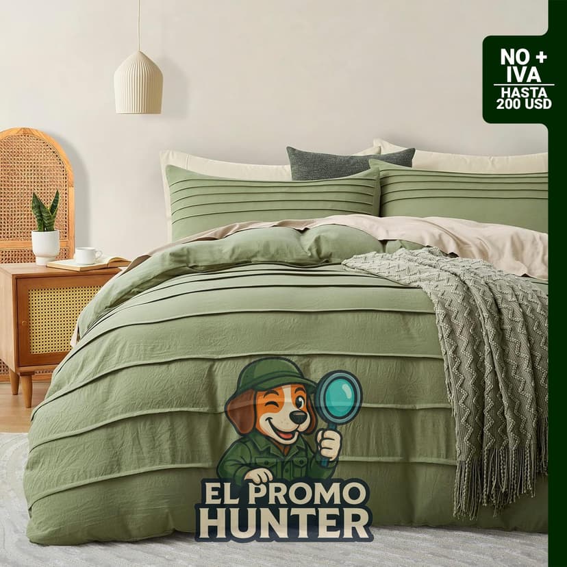 Funda de edredón plisada verde salvia tamaño Queen, juego de 3 piezas con cierre de cremallera.