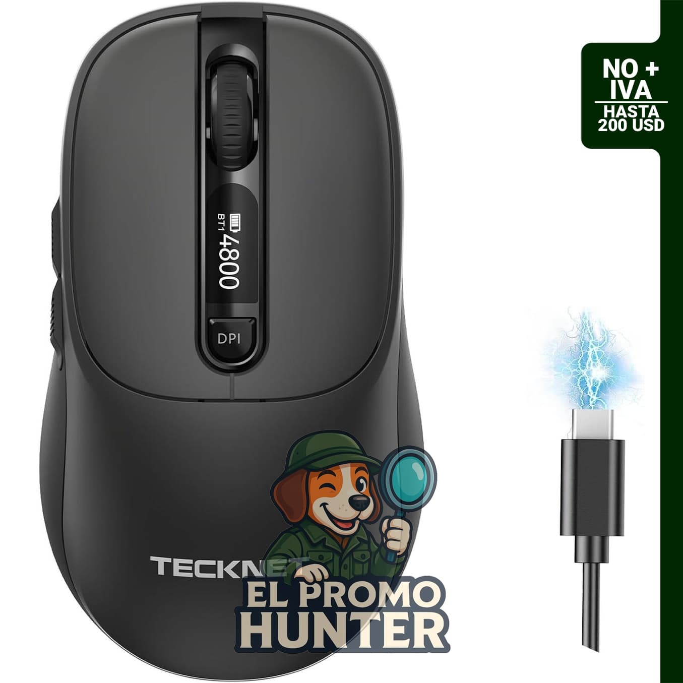 Ratón inalámbrico TECKNET con pantalla LED, conexión Bluetooth 5.2/5.0 y 2.4G, recargable tipo C, 4800 DPI.