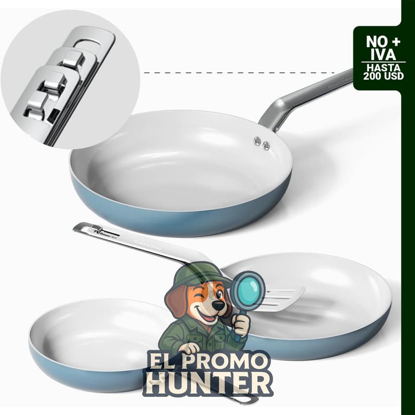 Juego de sartenes de cerámica antiadherentes de 20.3/24.1/27.9 cm, apto para horno y lavavajillas.