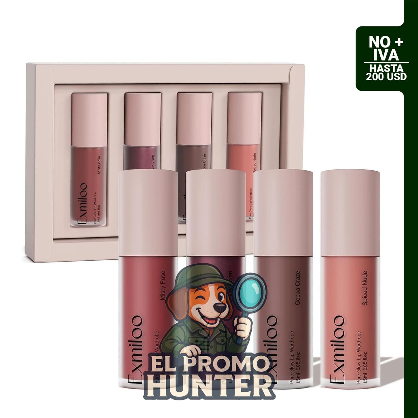 Set de 4 tintes labiales en tonos mate y metálico, incluye Warm Rose y Cocoa.