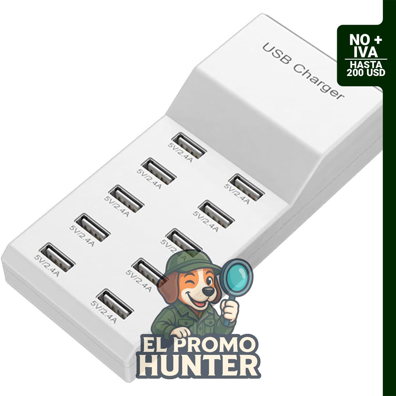 Cargador de pared USB con 10 puertos para carga de múltiples dispositivos.
