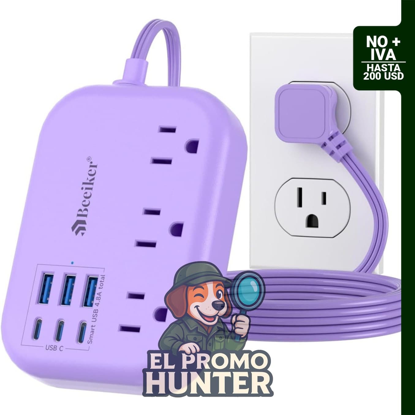 Tira de alimentación de viaje morada con 6 puertos USB (3 USB C), cable de extensión de 5 pies y 3 tomas.