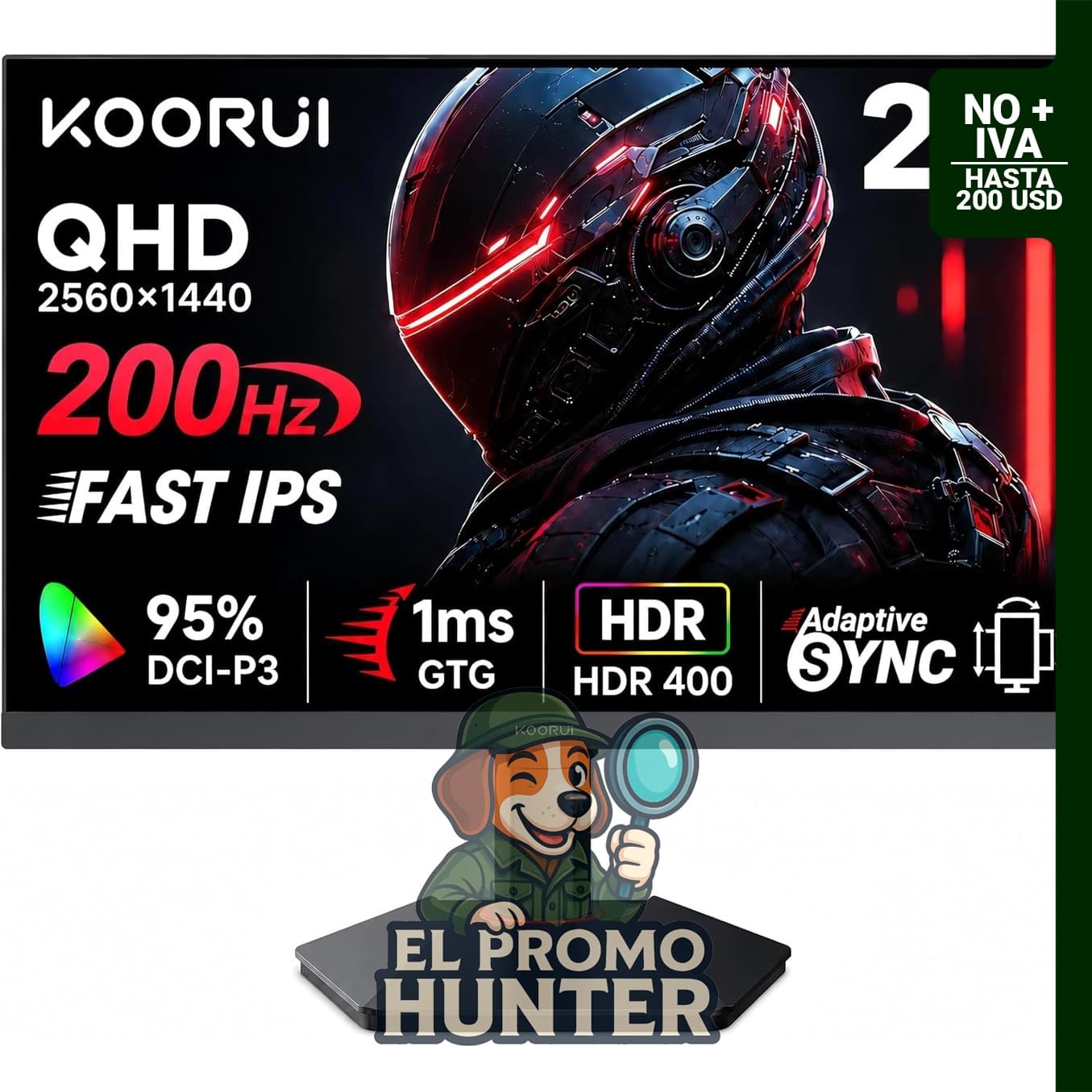 Monitor KOORUI de 27" (68.58 cm) 1440p, 200Hz, 1ms, IPS, HDR400, con soporte ajustable y conectividad HDMI y DisplayPort.