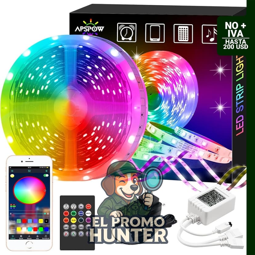 Tira de luces LED de 100 pies con control Bluetooth y aplicación, RGB multicolor, sincronización de música.