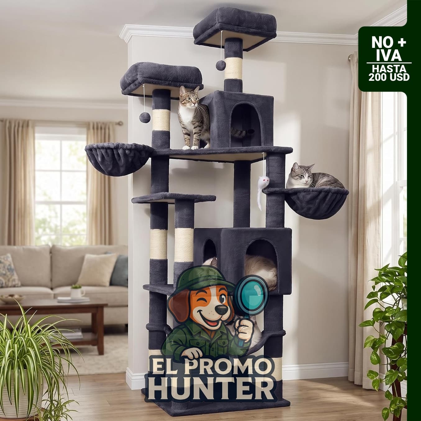 Árbol para gatos de interior de 178 cm de altura, con múltiples niveles, postes rascadores y canastas.