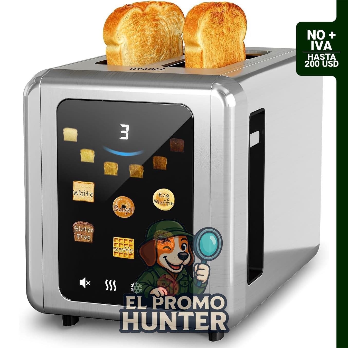 Tostadora inteligente WHALL de 2 rebanadas con pantalla táctil, ranura ancha de 3.8 cm y 6 configuraciones de dorado.