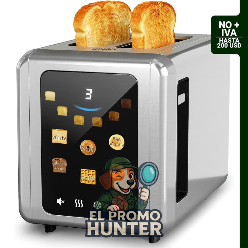 Tostadora inteligente WHALL de 2 rebanadas con pantalla táctil, ranura ancha de 3.8 cm y 6 configuraciones de dorado.