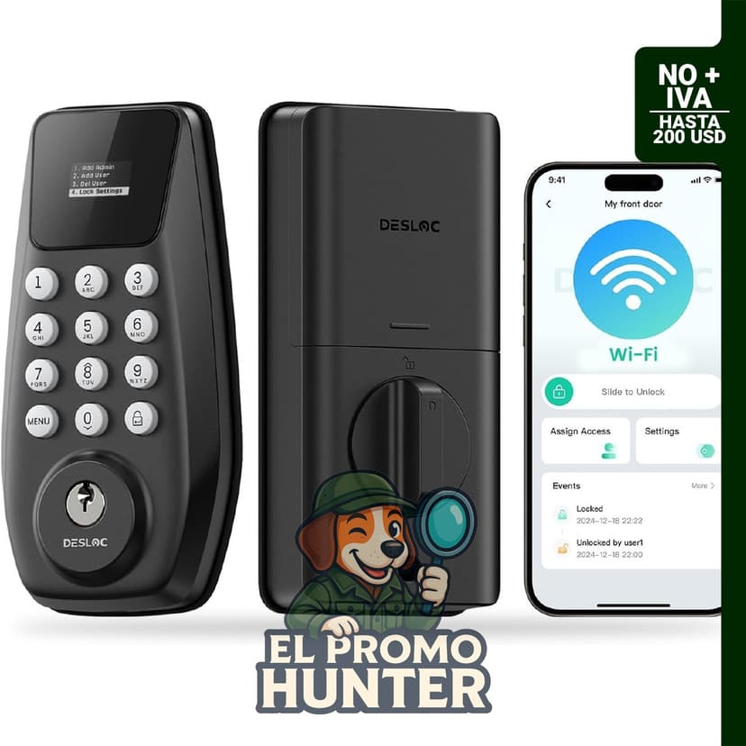 Cerradura inteligente DESLOC C100 Plus con teclado y WiFi integrado, control mediante app, 100 códigos PIN, IP54.