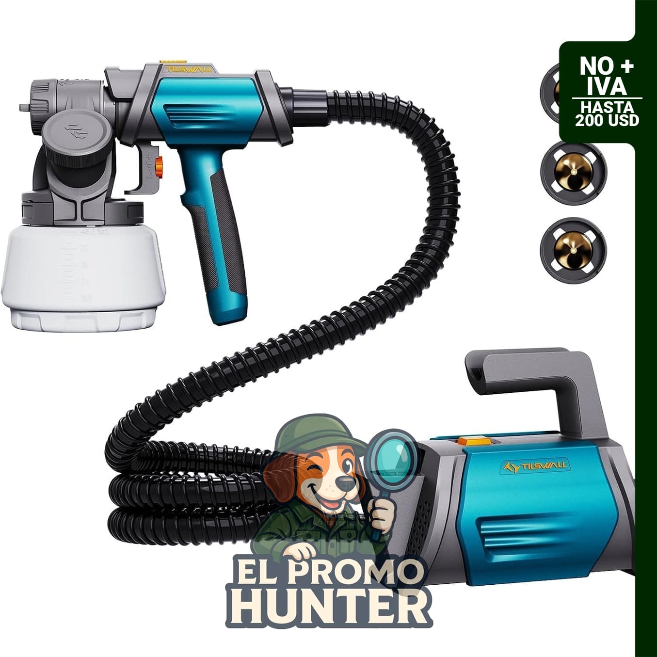 Pistola pulverizadora de pintura Tilswall Shark 800 HVLP, 800 W, con 4 boquillas y 3 patrones ajustables.