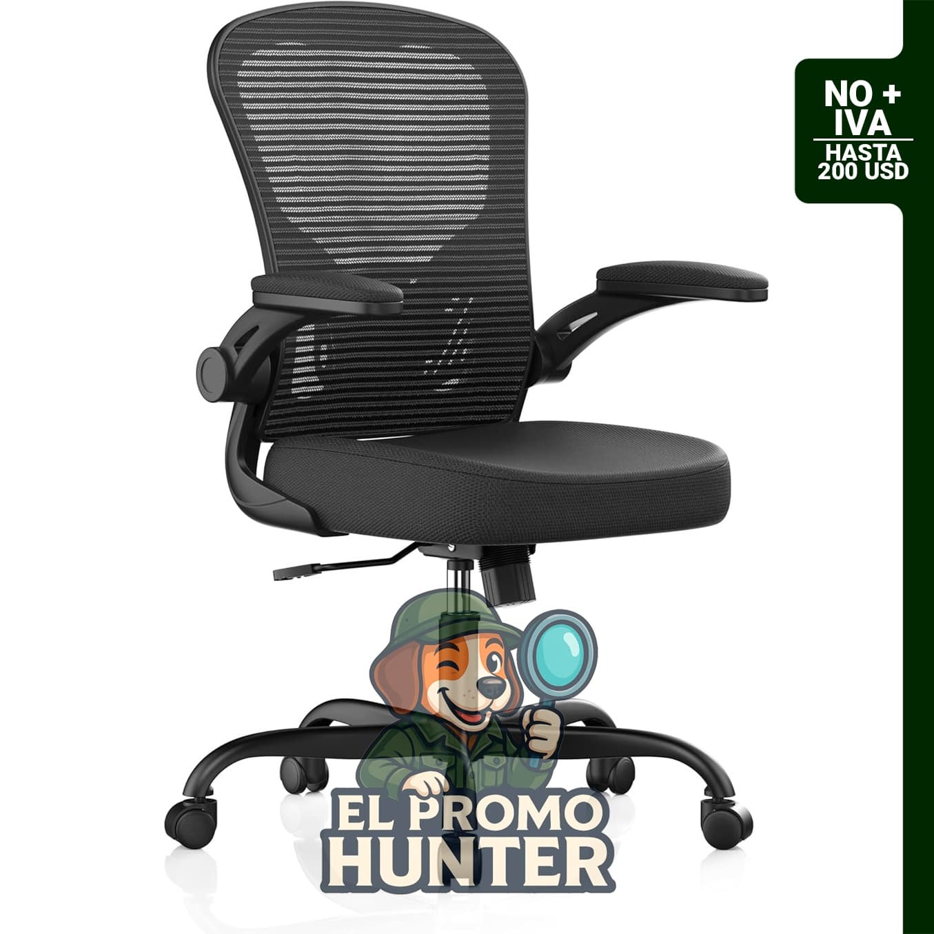 Silla de oficina ergonómica con respaldo alto y reposabrazos abatibles, capacidad de 150 kg.