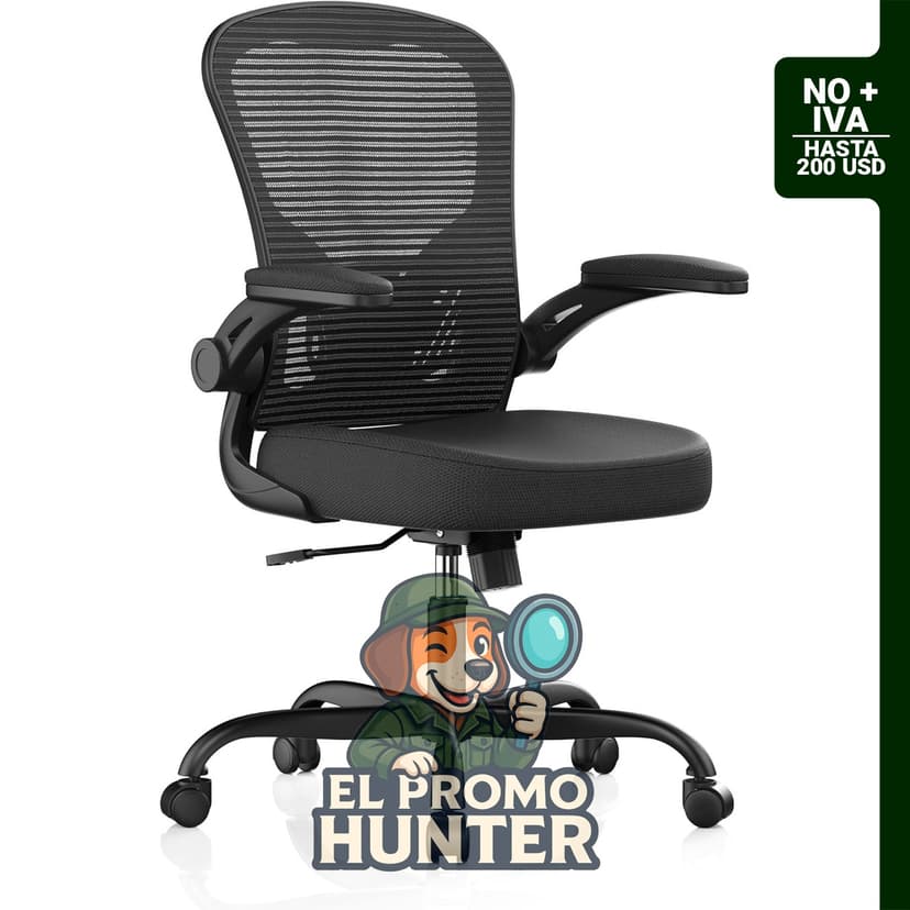 Silla de oficina ergonómica con respaldo alto y reposabrazos abatibles, capacidad de 150 kg.