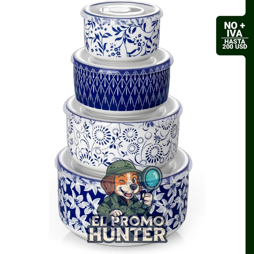 Juego de 4 cuencos anidables de cerámica con tapas, aptos para microondas.