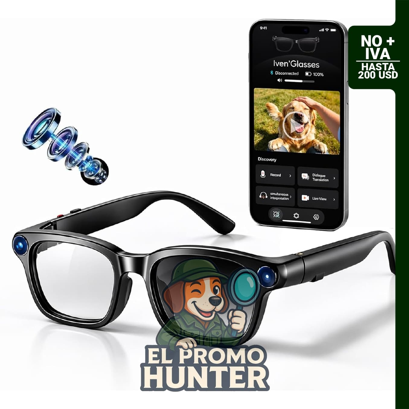 Lentes inteligentes AI con cámara de 8 MP, grabación de video HD 1200P a 30 FPS, asistente de voz y traducción en tiempo real.