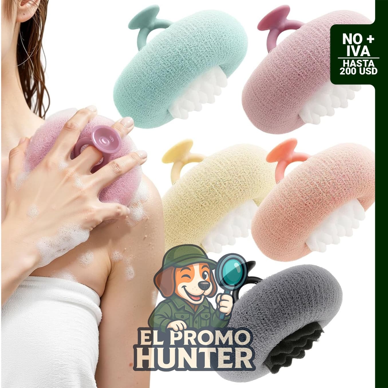 Esponjas de baño 2 en 1 con gancho de ventosa, paquete de 5 unidades.