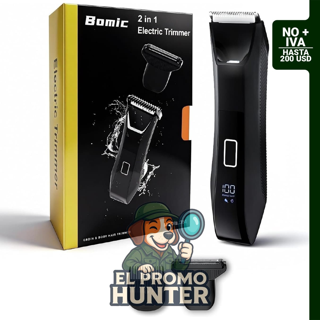 Recortadora 2 en 1 para vello corporal y testicular, con cabezal doble y carga USB-C.