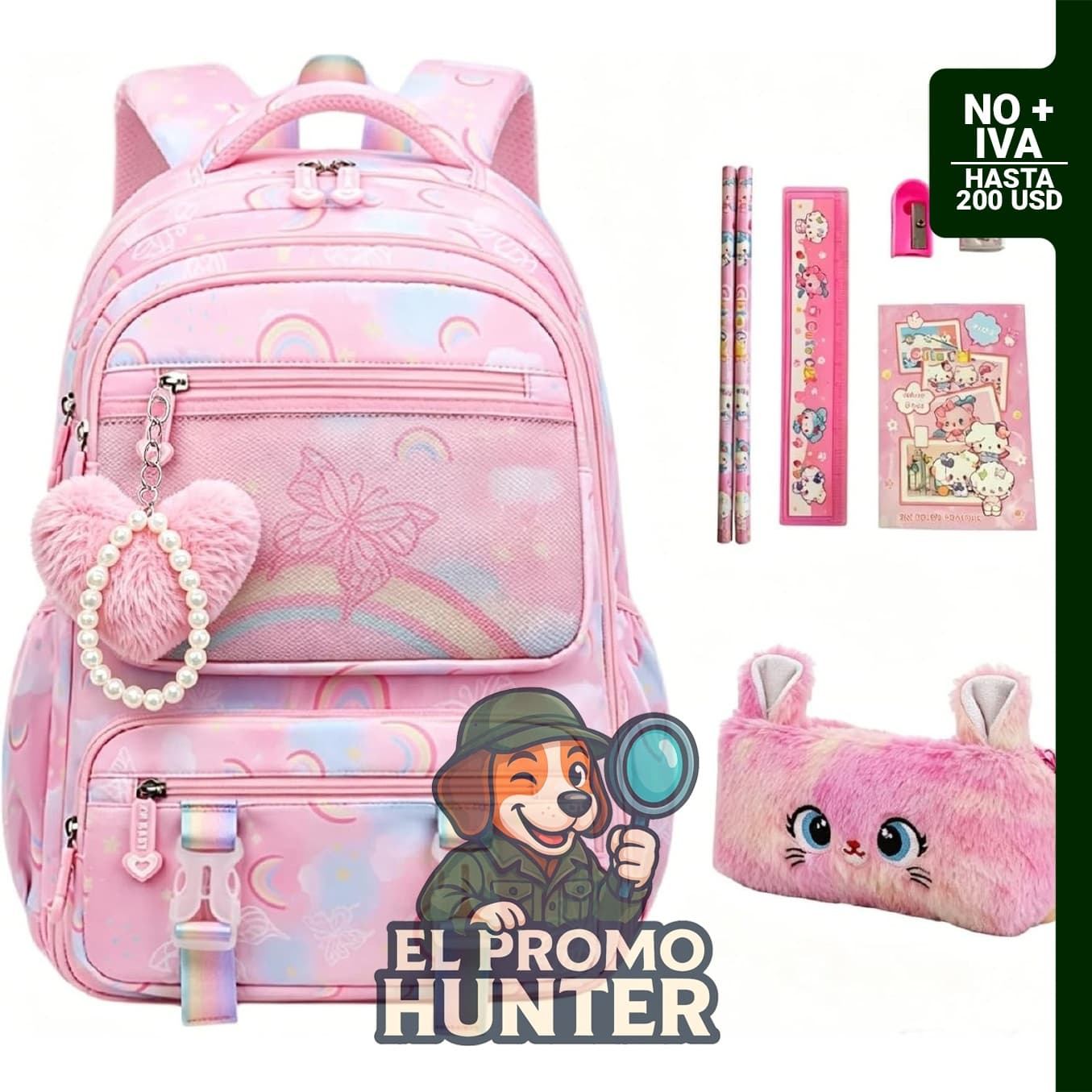 Mochila escolar de 41 cm en color rosa con estuche y kit, adecuada para niños en primaria y preescolar.