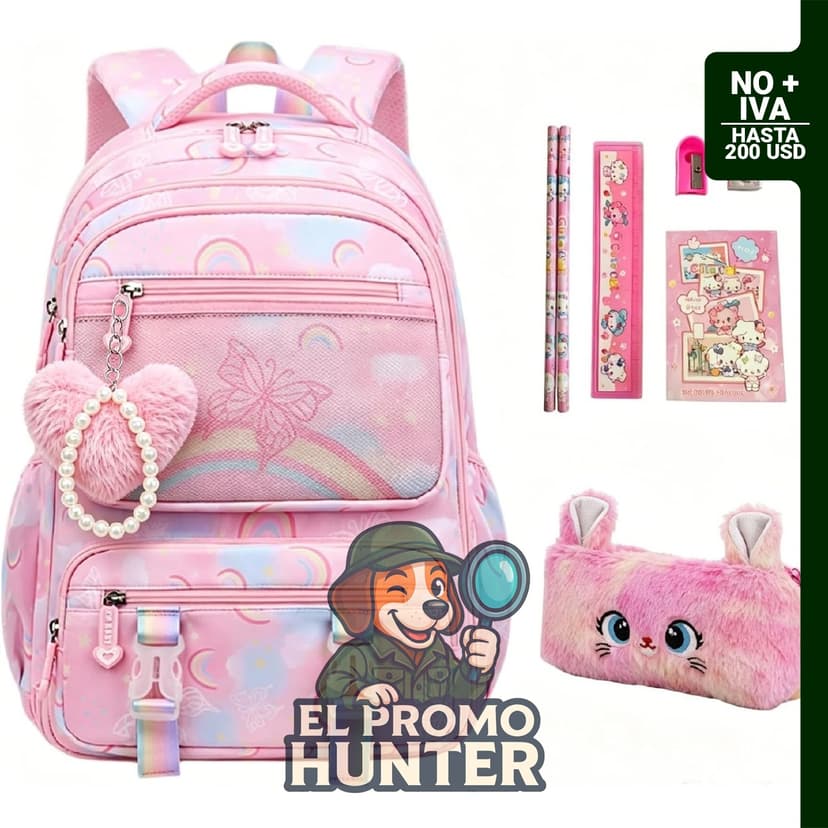 Mochila escolar de 41 cm en color rosa con estuche y kit, adecuada para niños en primaria y preescolar.