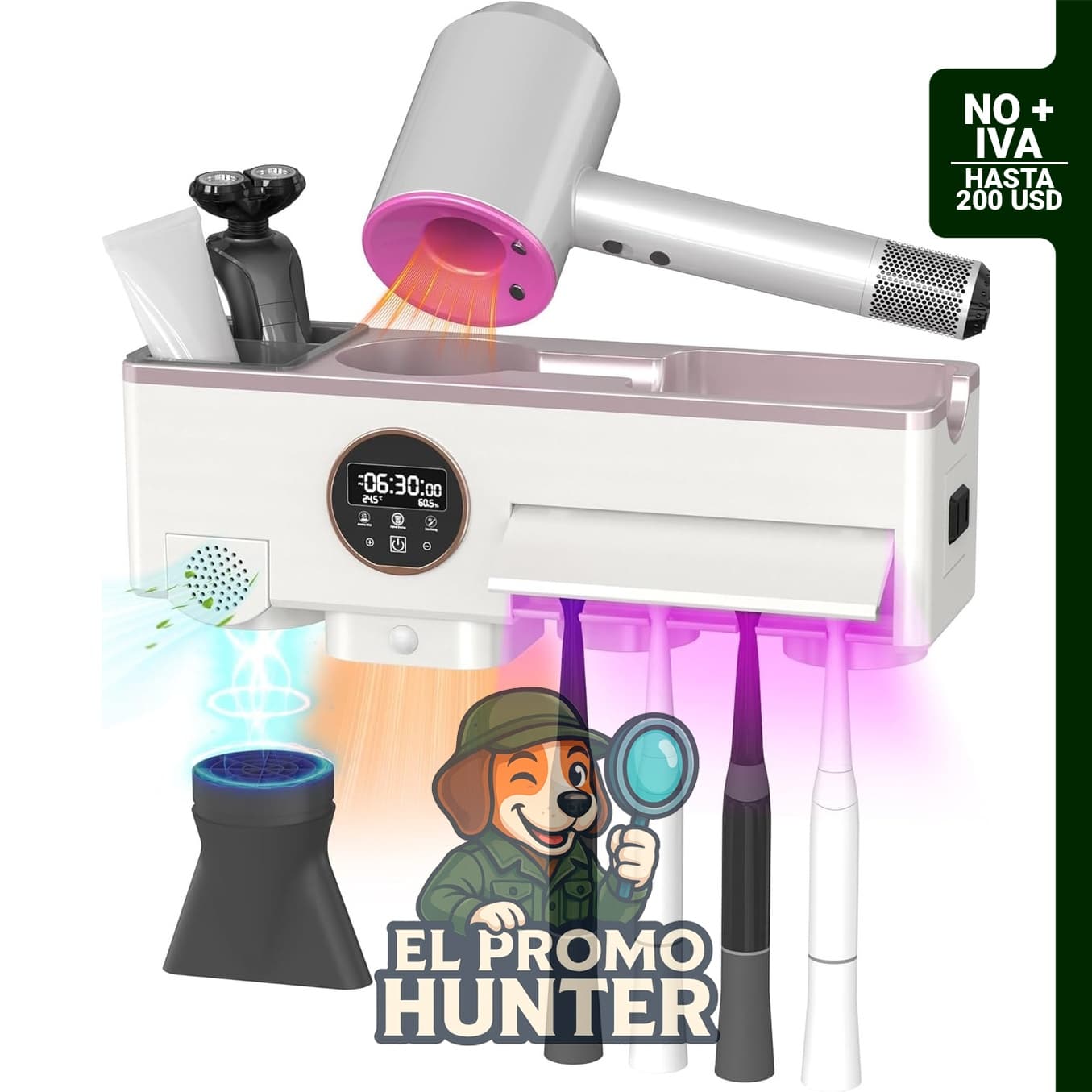 Soporte para cepillos de dientes con secado por aire y dispensador de pasta dental, incluye 4 ranuras para cepillos.