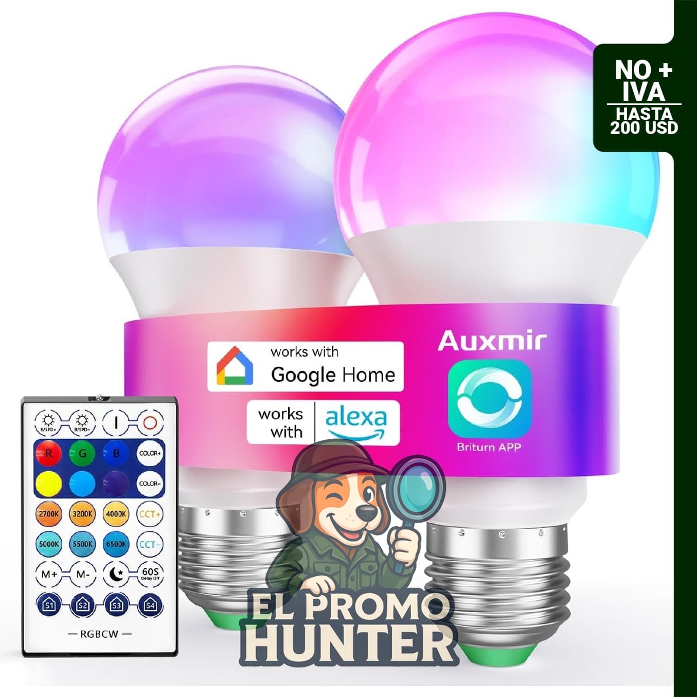 Bombillas LED inteligentes Auxmir A19, 9W (800 lm), E26, RGB+CCT, compatibles con Alexa y Google Assistant.