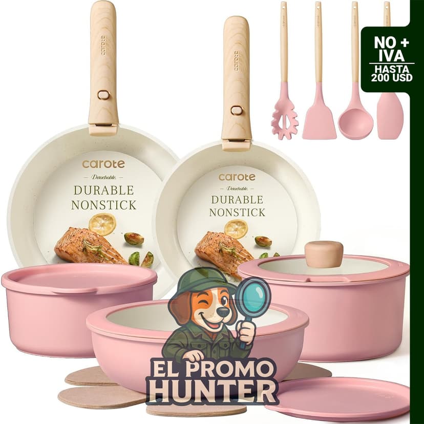 Juego de ollas y sartenes CAROTE de 19 piezas, antiadherente, mango desmontable, compatible con inducción.