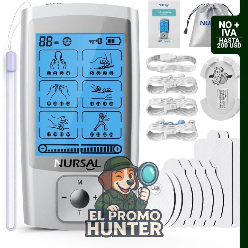 Estimulador TENS y EMS recargable con 24 modos, incluye 8 almohadillas para alivio del dolor.