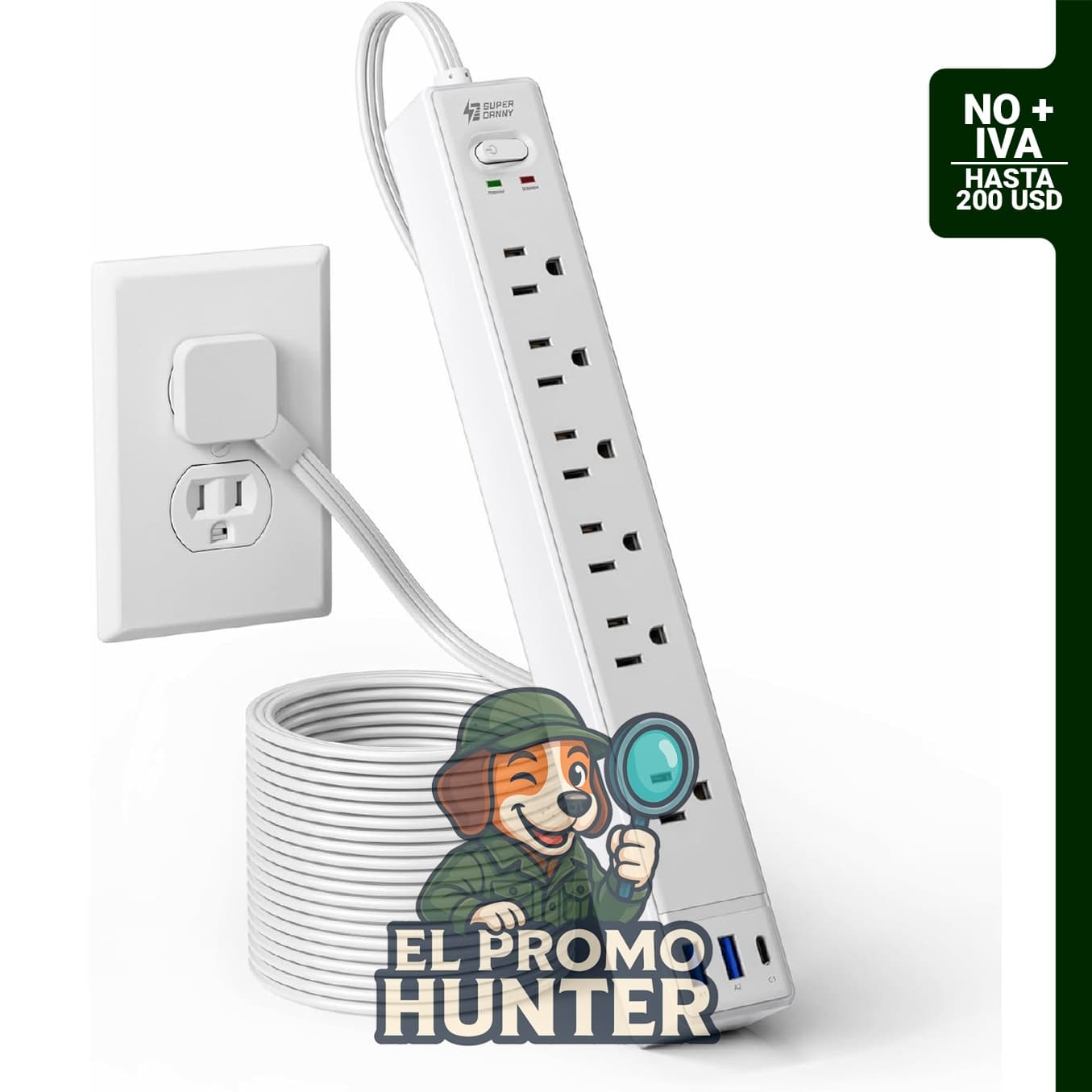 Regleta de 10 pies con 6 salidas y 3 puertos USB, incluye protección contra sobretensiones.