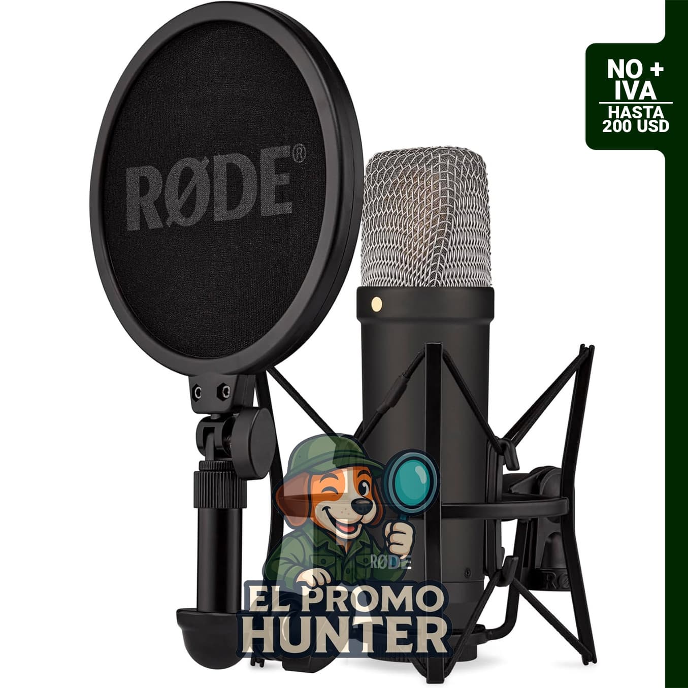Micrófono condensador RØDE NT1 de diafragma grande con soporte de choque, filtro pop y cable XLR.