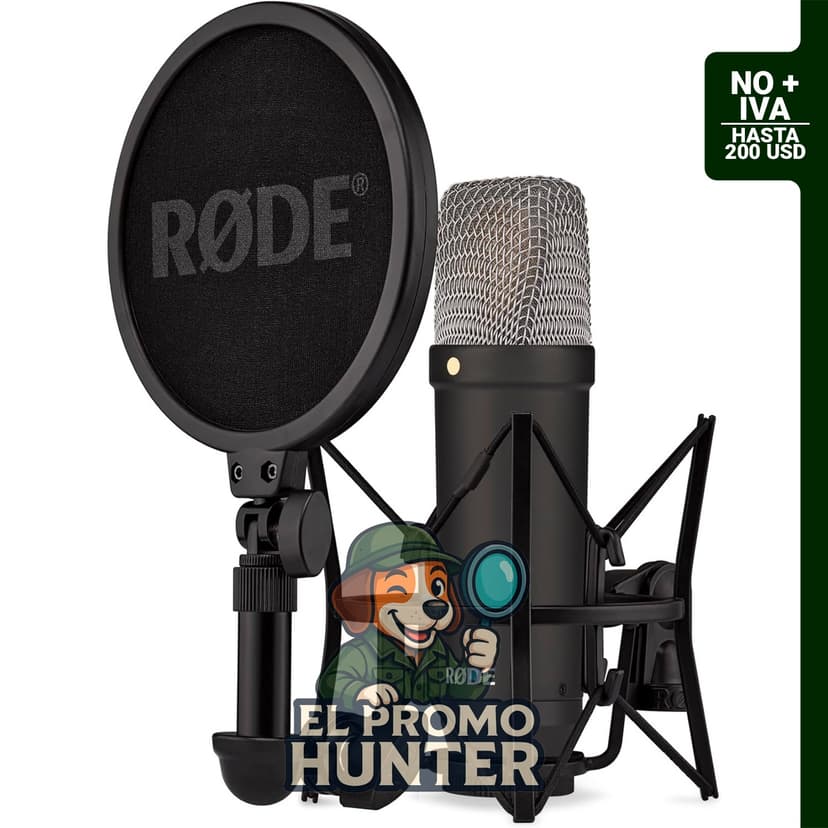 Micrófono condensador RØDE NT1 de diafragma grande con soporte de choque, filtro pop y cable XLR.