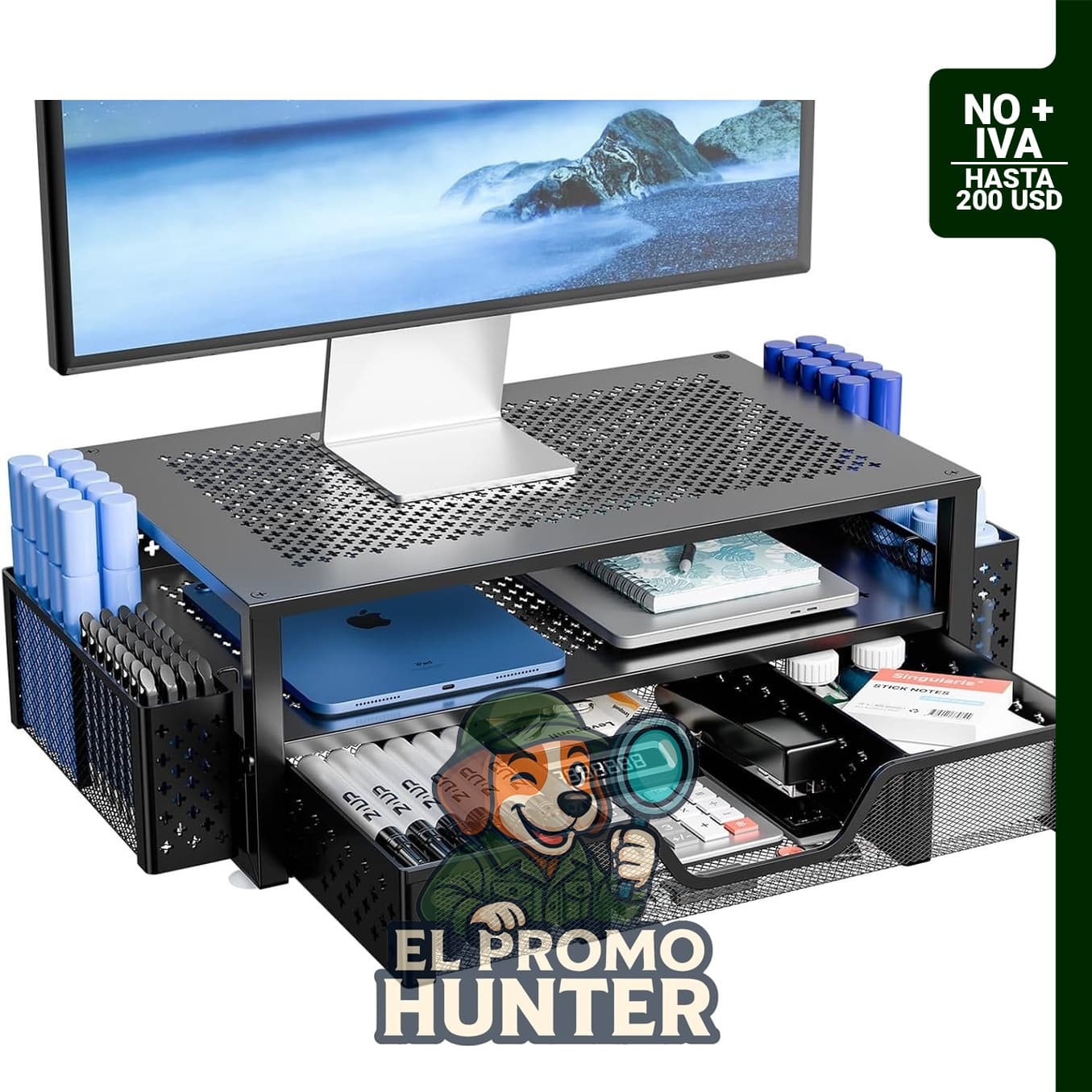 Soporte de metal para monitor de dos niveles, con cajón y dos porta lápices, dimensiones 51 x 25.4 x 14.7 cm.