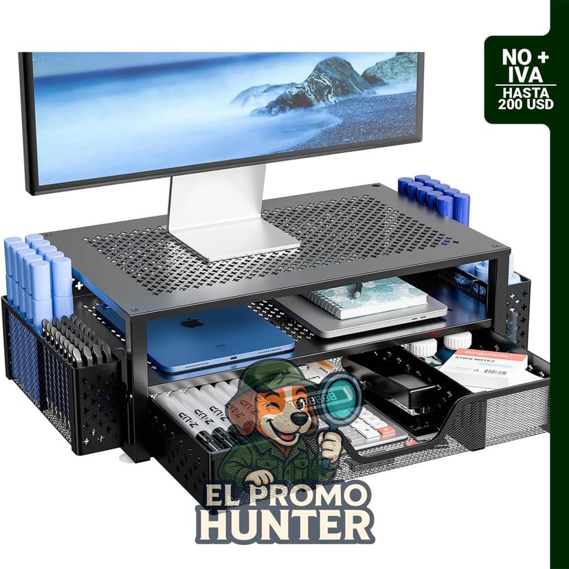Soporte de metal para monitor de dos niveles, con cajón y dos porta lápices, dimensiones 51 x 25.4 x 14.7 cm.