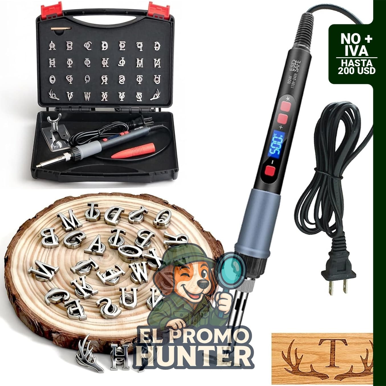 Juego de 56 piezas de hierro de marca para madera y cuero, incluye letras, números y diseños de 1/2" (1,27 cm), eléctrico con temperatura ajustable.