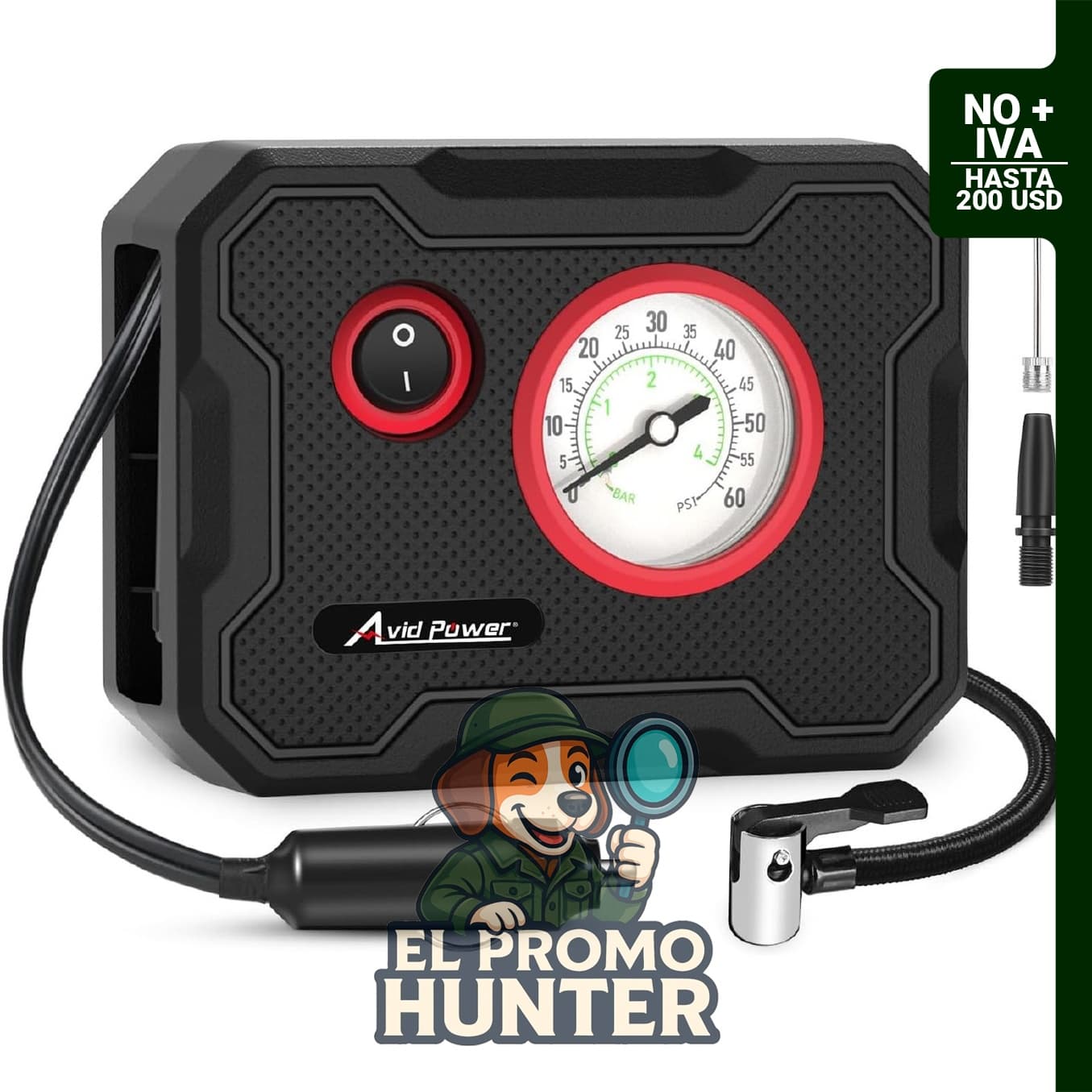 Compresor de aire portátil AVID POWER de 12V, incluye medidor digital y luz LED.
