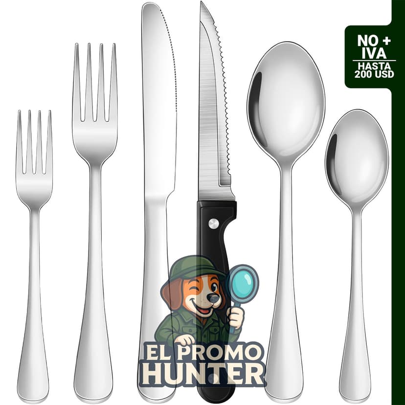 Juego de cubiertos de 24 piezas en acero inoxidable negro, incluye cuchillos para carne, apto para lavavajillas.